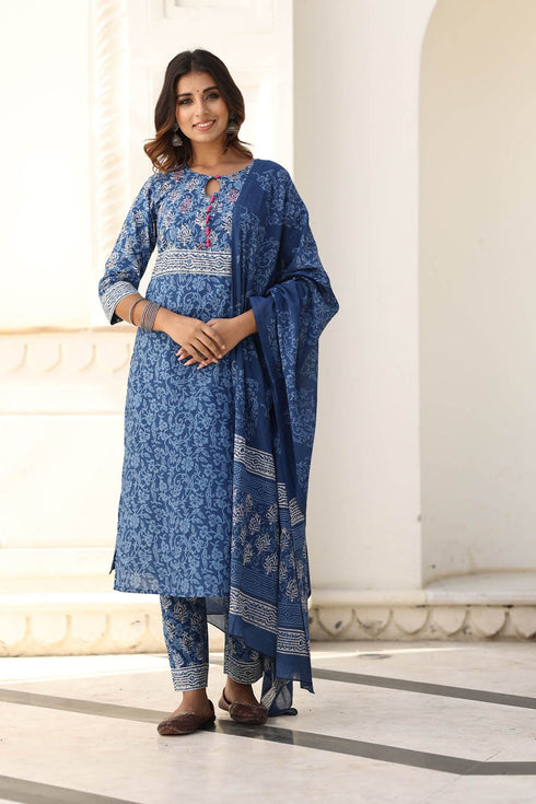 MULMUL YAHVI BLUE BLOCK PRINTED KURTA-PANTS & DUPATTA SET MULMUL YAHVI BLUE BLOCK PRINTED KURTA-PANTS & DUPATTA SET